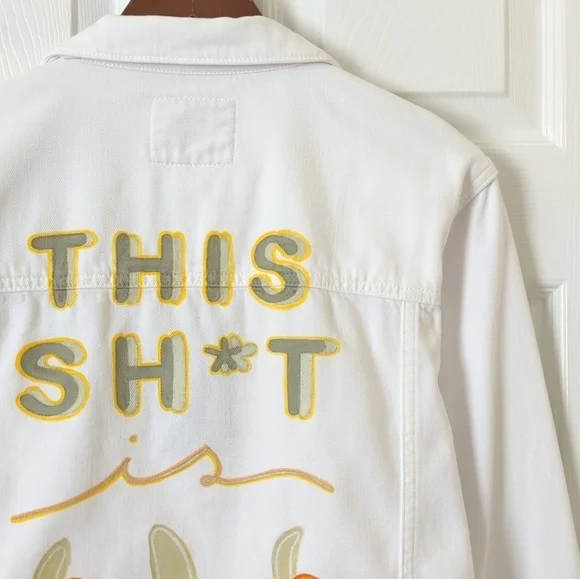 Paige Vivienne This Sh*t Is Bananas Custom Relaxed Cropped Denim Jacket White L - Picture 13 of 15